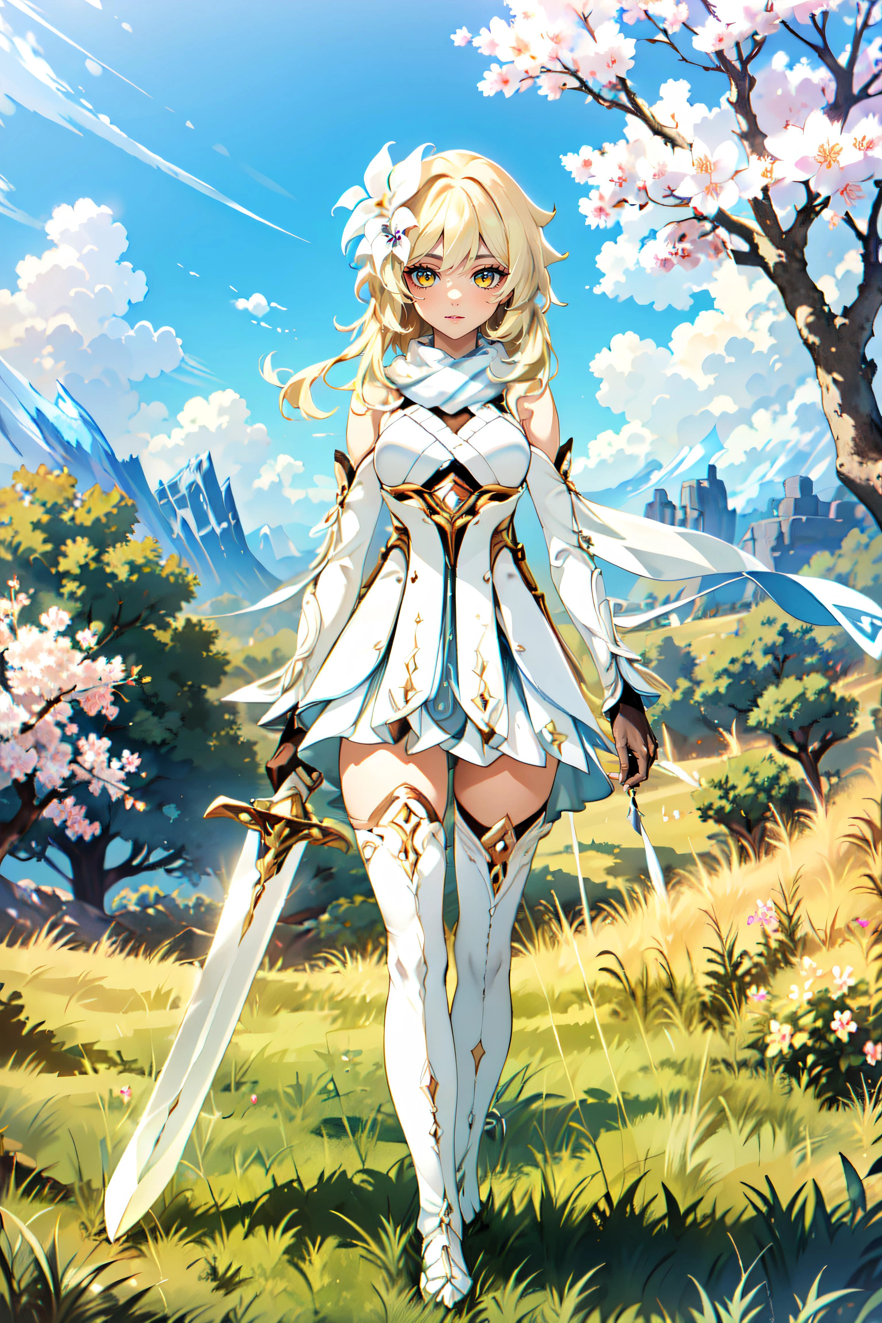 (masterpiece, best quality, ultra detailed, absurdres)1.5, 1girl, (sexy, beautiful woman, perfect face, perfect eyes, perfect female body, large breasts)1.5, (lumine \(genshin impact\), Lumine, blonde hair, hair ornament, hair flower, detached sleeves, thighhighs, sidelocks, bangs, white dress, short hair with long locks, white scarf, holding sword, zettai ryouiki, <lora:Lumine_20231022175925:0.8>), (full body, standing, outdoors, sakura trees, mountains in background), perfect lighting, smooth, hdr