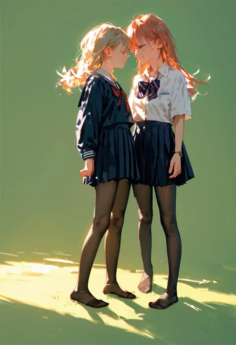 score_9, score_8_up, score_7_up, score_6_up, source_anime, 2girls, skinny, pantyhose, no shoes, school uniform, standing, simple background, yuri, green background, cinematic, warm lighting