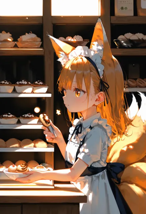 score_9, score_8_up, 1girl, cute, solo, symmetry, straight on, upper body, fox ears, fox tail, kyuubi, multiple tails, small breasts, animal ear fluff, (ear tufts:1.2), maid, pastry, shop, standing, old shop, old interior, cozy, comfy, soft lighting, warm lighting