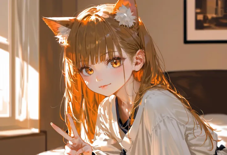 score_9, score_8_up, score_7_up, source_anime, 1girl, eye focus, solo, petite, jitome, (pale skin:0.5), BREAK looking at viewer, looking at viewer, long hair, animal ears, (close-up, portrait:1.2), kitsune, indoors, bedroom, hazel theme, leaning forward, v,