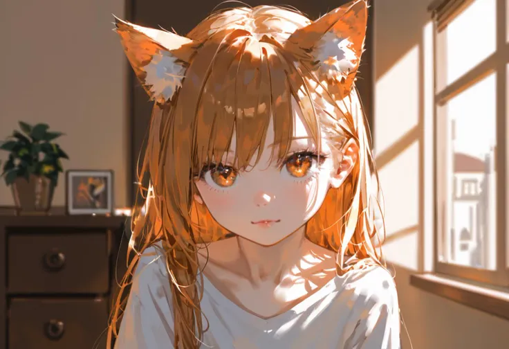 score_9, score_8_up, score_7_up, source_anime, 1girl, eye focus, solo, petite, jitome, (pale skin:0.5), BREAK looking at viewer, looking at viewer, long hair, animal ears, (close-up, portrait:1.2), kitsune, indoors, bedroom, hazel theme