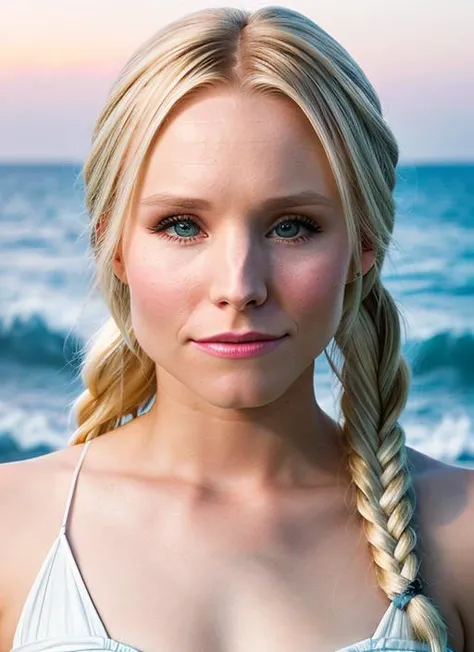 portrait of Kristen Bell, ecstatic , wearing luxury fashion , with platinum blonde Braids, background ocean, epic (photo, studio lighting, hard light, sony a7, 50 mm, matte skin, pores, colors, hyperdetailed, hyperrealistic), <lyco:Kristen Bell:1.2>