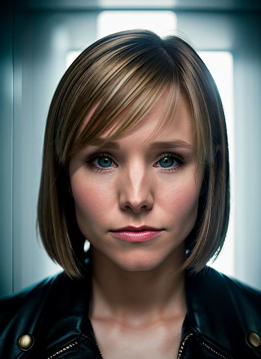 portrait of Kristen Bell, fear , wearing luxury clothing , with titian Wispy bangs, background bathroom, epic (photo, studio lighting, hard light, sony a7, 50 mm, matte skin, pores, colors, hyperdetailed, hyperrealistic), <lyco:Kristen Bell:1.2>