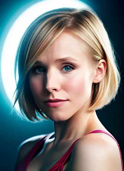 portrait of Kristen Bell, bashful , wearing jumpsuit , with white A-line haircut, background city, epic (photo, studio lighting, hard light, sony a7, 50 mm, matte skin, pores, colors, hyperdetailed, hyperrealistic), <lyco:Kristen Bell:1.2>