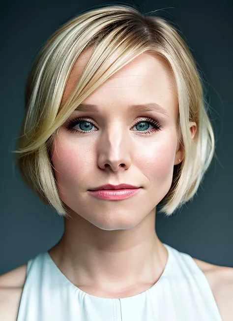 portrait of Kristen Bell, bashful , wearing jumpsuit , with white A-line haircut, background city, epic (photo, studio lighting, hard light, sony a7, 50 mm, matte skin, pores, colors, hyperdetailed, hyperrealistic), <lyco:Kristen Bell:1.2>