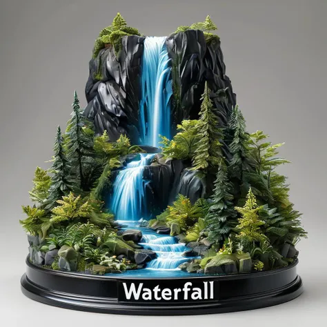 impactful paint of A a waterfall in the mountains, "Waterfall" written <lora:Cute_Collectible:0.9>, highly detailed, 8k, sharp, professional, clear, high contrast, high saturated, , vivid deep blacks, crystal clear