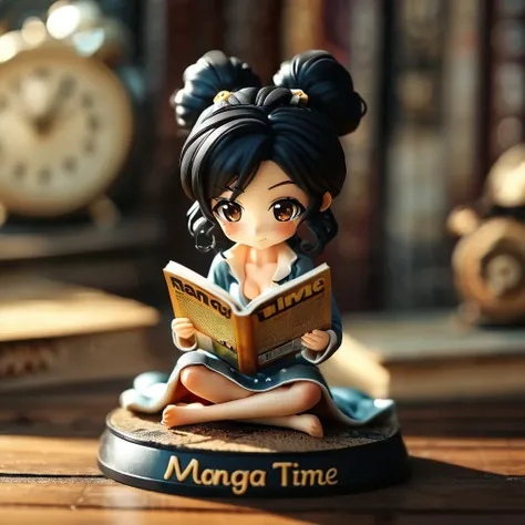 cinematic photo A sexy Manga Woman reading a comic book, "Manga Time" written <lora:Cute_Collectible:0.8>, 35mm photograph, film, bokeh, professional, 4k, highly detailed
