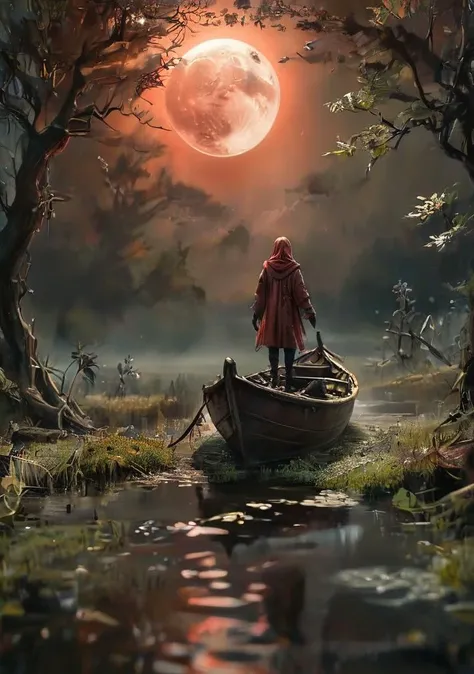 linquivera, Ink illustration, (anime:0.5), brown tones, aged black red paper, inkpunk, moonlight,surreal, a ghost standing on a boat in swampy wetlands, (at a distance), Will-o'-the-wisp, moonlit, lonely, solitude, windy, tall trees, willows, willowy, OverallDetail, extremely detailed, UHD,(long exposure , dystopian but extremely beautiful:1.4),<lora:- SDXL - letitflrsh_let_it_flourish_V1.0:0.8> ,<lora:Cute_Collectible:1>, <lora:XL_boss_battle:0.6>