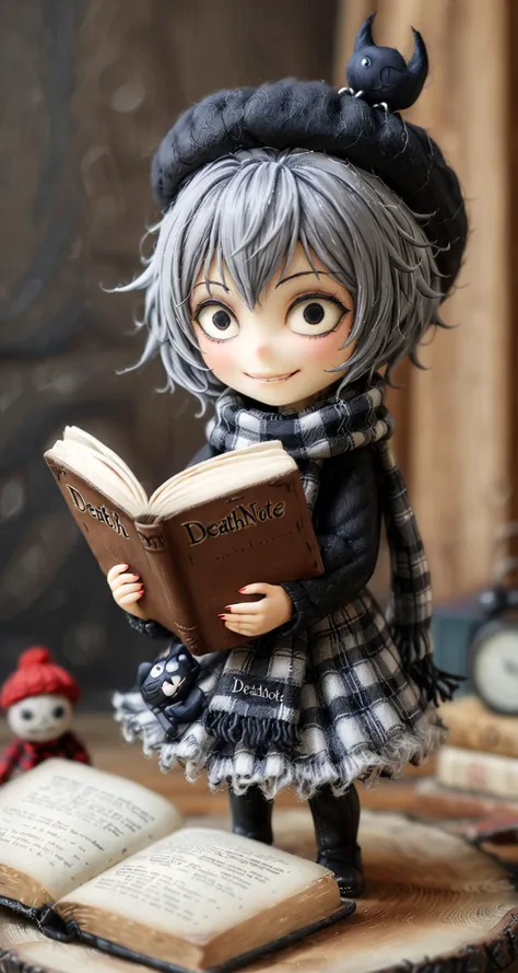 cinematic photo woman, "Deathnote" written, <lora:Cute_Collectible:1>, wearing a dark wool jacket and beret, long flowing plaid scarf, reading a book, evil grin, <lora:20230930-1696066978110:0.8> Felted Doll