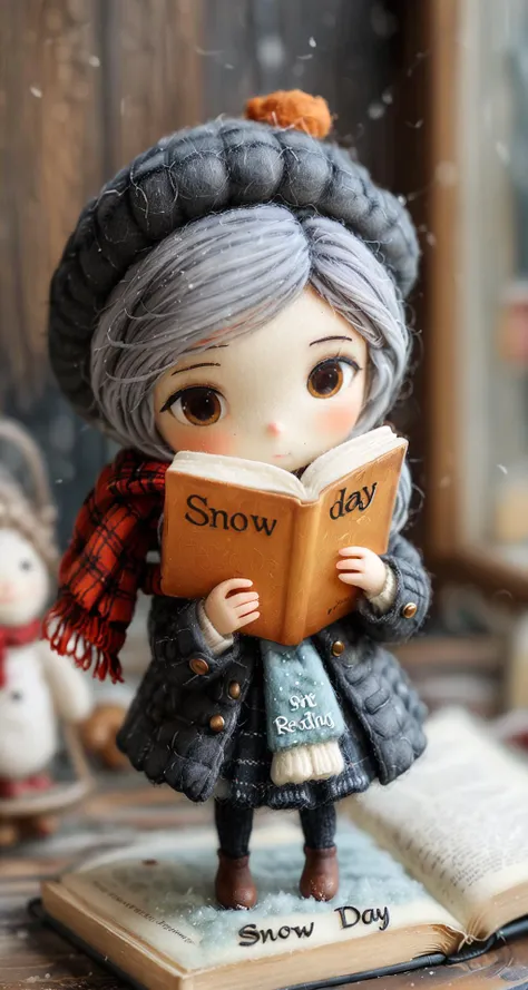 cinematic photo woman, "Snow Day" written, <lora:Cute_Collectible:1>, wearing a dark wool jacket and beret, long flowing plaid scarf, reading a book, <lora:20230930-1696066978110:0.8> Felted Doll