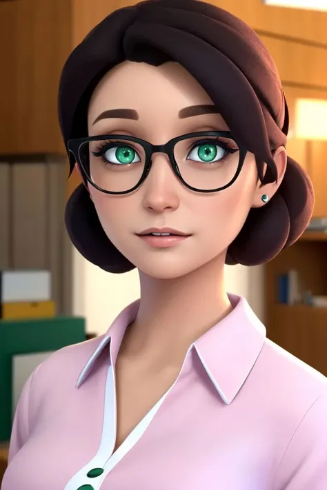 (rule of thirds), (masterpiece), (highly detailed), (mspauling, 1girl, green eyes, black hair, short hair, glasses, bun) (office background,)  <lora:mspauling:0.5>   <lora:V5TF2MissPaulingLoCon:0.3>