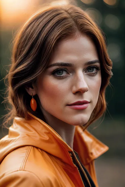 RoseL_SoloTI_v1,
(modern photo, Tiger Orange yellow raincoat:1.1), closeup portrait, 85mm, (analog, cinematic, film grain, hazy atmosphere:1.3), ((outside, rivendell background, sunset:1.2)), detailed eyes, (painted lips), (seductive), (looking at viewer), earrings, (cinematic shot:1.3),
<lora:add_detail:0.6>, PA7_Portrait-MCU,