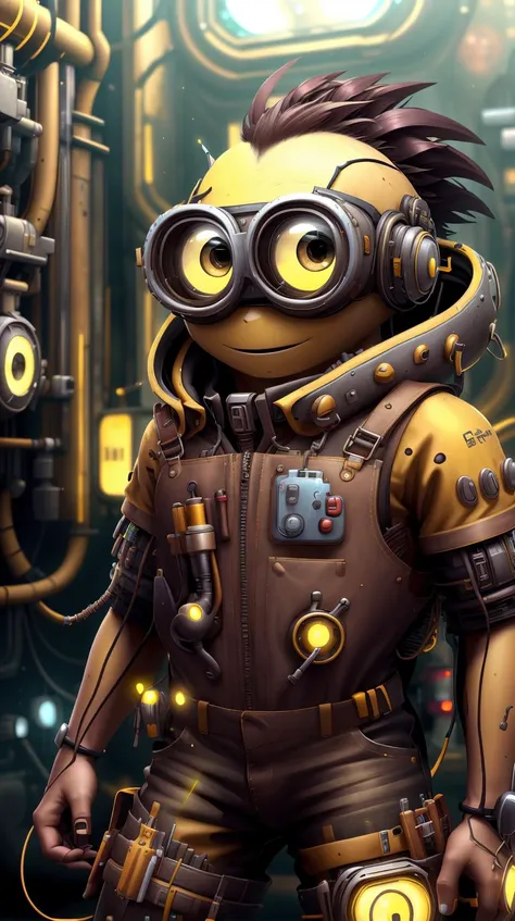 <lora:MinionStyle:1.25> MinionStyle Yellow minion character mohawk ,  brown overall cyberpunk outfit with tool belt , inside spaceship engine room(Masterpiece:1.3) (best quality:1.2) (high quality:1.1) <lora:CyberpunkStyleV3:1>punkai