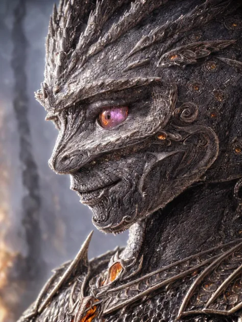 (realistic, best quality:1.2), ultra detailed, HDR, RAW, F/1.8, insanely detailed body scales, portrait of a beautiful anthropomorphic dragon, intricately detailed scale pattern, pretty face, detailed amber draconic eyes, small breasts, heavy metal armor, standing in a hollowed out volcano surrounded by liquid hot magma, Raytrace,