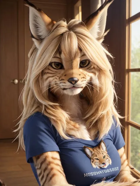 masterpiece, realistic, professional photo, female anthropomorphic lynx, t-shirt, detailed fur, (furry body:1.2), pretty face, detailed hair,