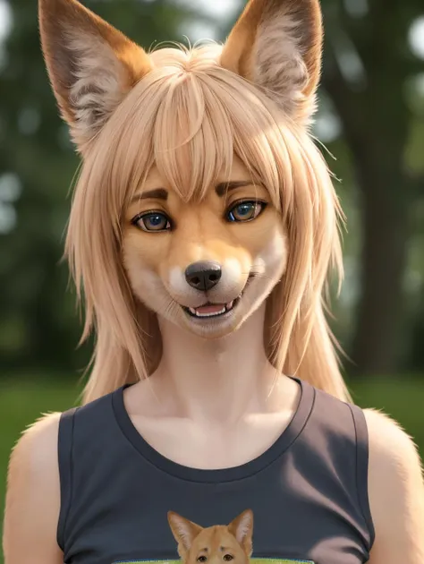 (realistic, best quality:1.2), ultra detailed, HDR, RAW, F/1.8, anthropomorphic dingo, insanely detailed eyes, pretty face, insanely detailed fur, plain t-shirt