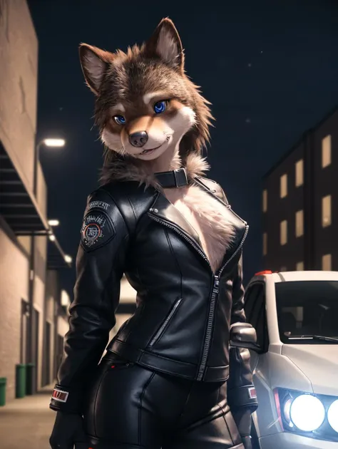 (octane render, best quality:1.2), ultra detailed, HDR, RAW, F/1.8, detailed fur, portrait of a beautiful anthropomorphic beaver, pretty face, detailed eyes, small breasts, biker outfit, standing outside a warehouse, night, moonlight, Raytrace,