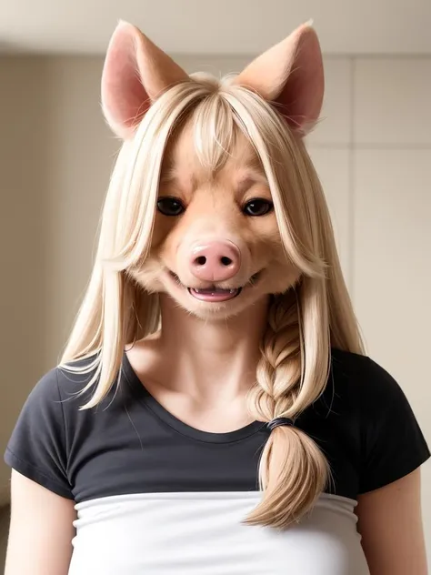 masterpiece, realistic, professional photo, female anthropomorphic pig, plain t-shirt, detailed fur, (furry body:1.2), pretty face, detailed long hair,