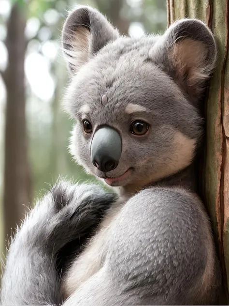 (realistic, professional photo:1.2), best quality, anthropomorphic koala, (furry body:1.2), detailed grey fur, (detailed skin:1.2), medium breasts, detailed eyes, beautiful grey hair, eucalyptus trees,