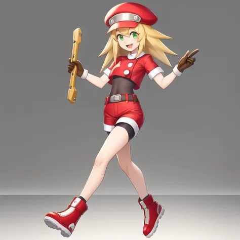 Masterpiece, Best quality, 4k resolution, beautiful eyes, Roll Caskett, , transparent background, roll caskett, 1girl, full body, solo, hat, gloves, smile, bike shorts, blonde hair, green eyes, belt, open mouth, holding, red shorts, red headwear, shorts, long hair, brown gloves, red footwear, leg up, standing, looking at viewer, small breasts, standing on one leg, shoes, short sleeves, :d, eyebrows visible through hair, undershirt