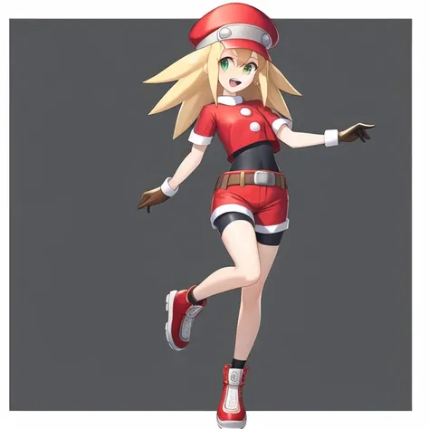 Masterpiece, Best quality, 4k resolution, beautiful eyes, Roll Caskett, , transparent background, roll caskett, 1girl, full body, solo, hat, gloves, smile, bike shorts, blonde hair, green eyes, belt, open mouth, holding, red shorts, red headwear, shorts, long hair, brown gloves, red footwear, leg up, standing, looking at viewer, small breasts, standing on one leg, shoes, short sleeves, :d, eyebrows visible through hair, undershirt