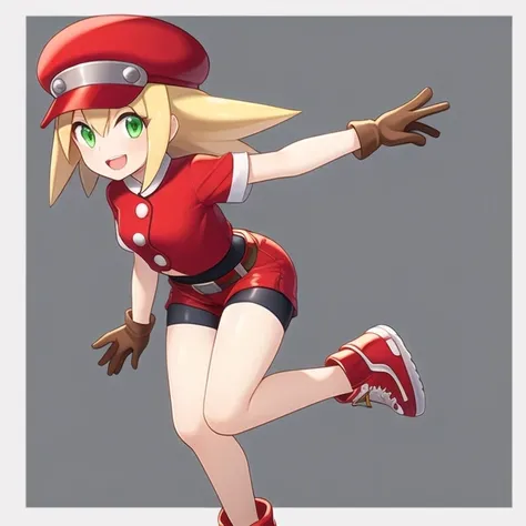 Masterpiece, Best quality, 4k resolution, beautiful eyes,  Roll Caskett, , transparent background, roll caskett, 1girl, full body, solo, hat, gloves, smile, bike shorts, blonde hair, green eyes, belt, open mouth, holding, red shorts, red headwear, shorts, long hair, brown gloves, red footwear, leg up, standing, looking at viewer, small breasts, standing on one leg, shoes, short sleeves, :d, eyebrows visible through hair, undershirt
