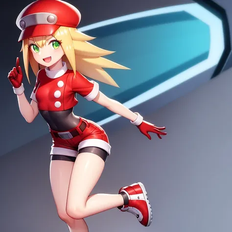 Masterpiece, Best quality, 4k resolution, beautiful eyes, Roll Caskett, , transparent background, roll caskett, 1girl, full body, solo, hat, gloves, smile, bike shorts, blonde hair, green eyes, belt, open mouth, holding, red shorts, red headwear, shorts, long hair, brown gloves, red footwear, leg up, standing, looking at viewer, small breasts, standing on one leg, shoes, short sleeves, :d, eyebrows visible through hair, undershirt , <lora:rollCaskettLora_rollcaskettv1:0.5>
