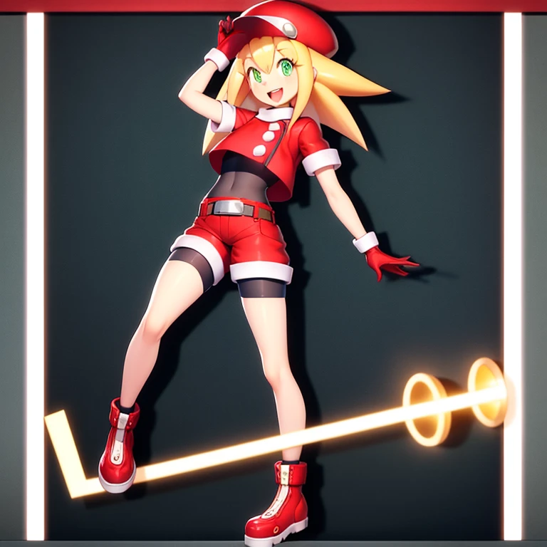 Masterpiece, Best quality, 4k resolution, beautiful eyes, Roll Caskett, <lora:rollCaskettLora_rollcaskettv1:0.6>, transparent background, roll caskett, 1girl, full body, solo, hat, gloves, smile, bike shorts, blonde hair, green eyes, belt, open mouth, holding, red shorts, red headwear, shorts, long hair, brown gloves, red footwear, leg up, standing, looking at viewer, small breasts, standing on one leg, shoes, short sleeves, :d, eyebrows visible through hair, undershirt