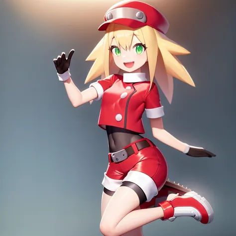 Masterpiece, Best quality, 4k resolution, beautiful eyes, Roll Caskett, <lora:rollCaskettLora_rollcaskettv1:0.5>, transparent background, roll caskett, 1girl, full body, solo, hat, gloves, smile, bike shorts, blonde hair, green eyes, belt, open mouth, holding, red shorts, red headwear, shorts, long hair, brown gloves, red footwear, leg up, standing, looking at viewer, small breasts, standing on one leg, shoes, short sleeves, :d, eyebrows visible through hair, undershirt