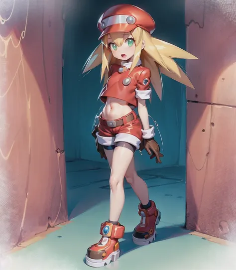 masterpieces,extremely delicate and beautiful,8K,HDR,best quality,science fiction,realistic,delicate background,perfect anatomy,good anatomy, (style of mega man legends), 1girl,full body,roll caskett \(mega man\),<lora:rollCaskettLora_rollcaskettv1:0.5>,roll caskett,cabbie hat,blonde hair,spiked hair,hair between eyes, green eyes,perfect face,uneasy expression,open mouth,small breasts,cropped jacket,red jacket,short sleeves,bike shorts under red shorts,(covered navel:1.2),(brown gloves:1.2),red shoes,(facing viewer),(looking at side),(walking), hand on mouth, in dungeon passage,metallic texture background,mechanical wall,brick wall,dark background,