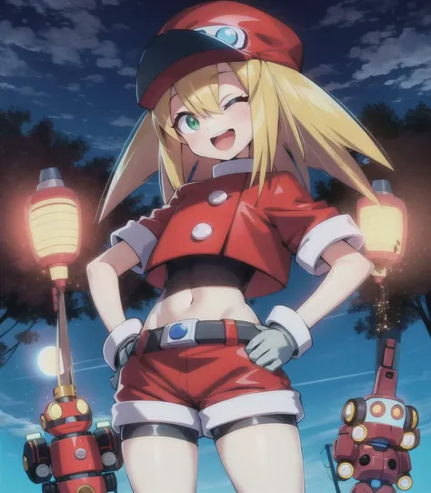 masterpieces,extremely delicate and beautiful,8K,HDR,best quality,science fiction,delicate background,perfect anatomy,good anatomy, multiple people,mutiple characters,roll caskett \(mega man\),<lora:rollCaskettLora_rollcaskettv1:0.5>,roll caskett,style of mega man legends, cabbie hat,blonde hair,spiked hair,hair between eyes, green eyes,perfect face,smile,one eye closed,open mouth,cropped jacket,red jacket,short sleeves,bike shorts under shorts, red shorts,covered navel,brown gloves,red shoes,(facing viewer),looking at viewer,standing, hand on hip,multiple robots, in park,grass,trees,street lamp,servbot \(mega man\) in background,robot with yellow head, round eyes,black pupils,small body,