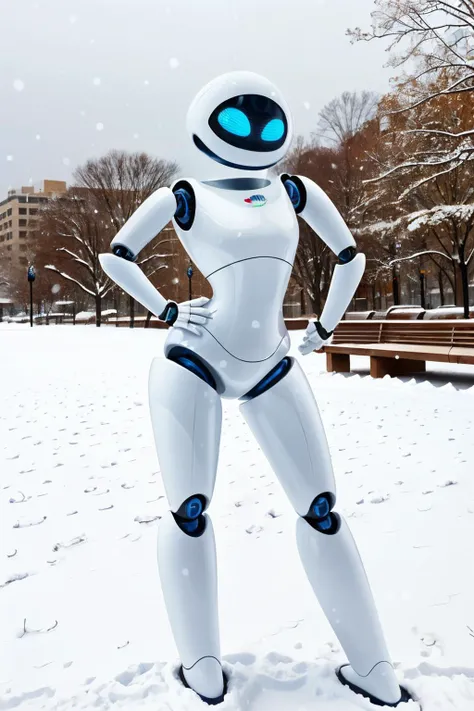 EVE, robot, blue eyes, no mouth, white skin ,screen face, humanoid, looking at viewer, standing, hands on hips, full body shot, outside, park, city, snow, snowing, winter, high quality, masterpiece, <lora:EVE:.8>
