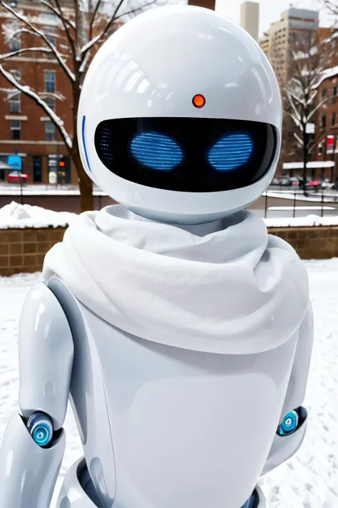 EVE, robot, blue eyes, no mouth, white skin ,screen face, looking at viewer, medium shot, outside, park, city, snow, snowing, winter,  <lora:EVE:.8>