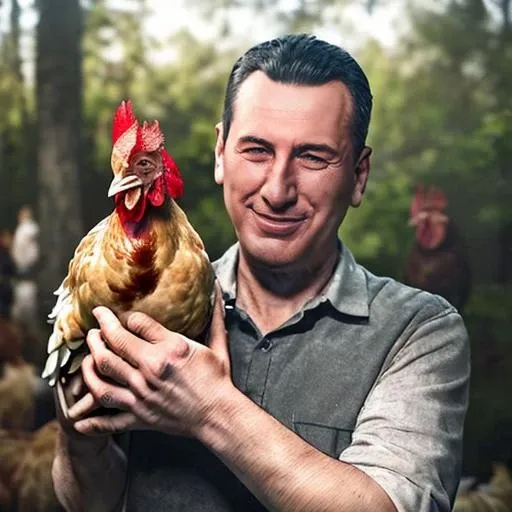 portrait of sks man with very short hair, holding a (chicken in arms:1.3), (outdoors:1.2), natural lighting, 4k, 8k, 8k realistic, sharp focus, intricate, high resolution, <lora:PERON2:1>