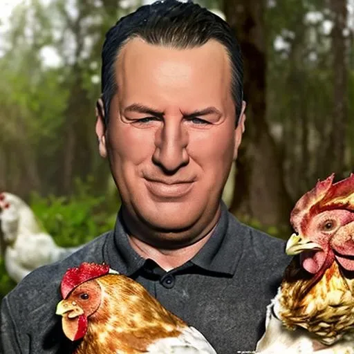 portrait of sks man with very short hair, holding a (chicken in arms:1.3), (outdoors:1.2), natural lighting, 4k, 8k, 8k realistic, sharp focus, intricate, high resolution, <lora:PERON2:1>