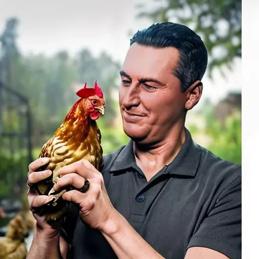 portrait of sks man with very short hair, holding a (chicken in arms:1.3), (outdoors:1.2), natural lighting, 4k, 8k, 8k realistic, sharp focus, intricate, high resolution, <lora:PERON2:1>