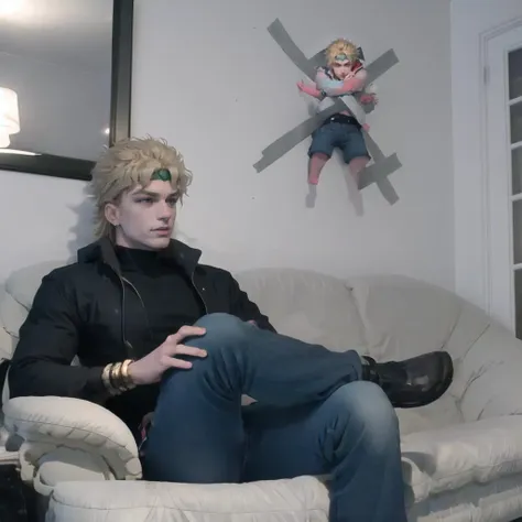 Highly detailed, High Quality, Masterpiece, beautiful, KidTapedToWallMeme, sitting, multiple boys, <lora:KidTapedToWallMeme:1>, dio, jacket, pants, headband,  <lora:Char_Sigmas_Dio:0.9>