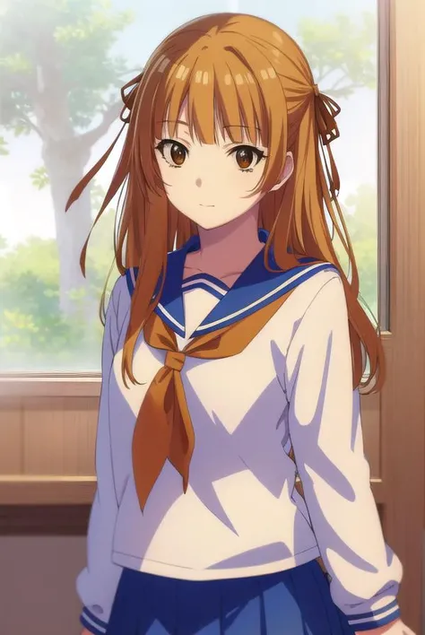 akemisumizome, <lora:akemi sumizome s1-lora-nochekaiser:1>,
akemi sumizome, long hair, orange hair, (brown eyes:1.7), ribbon, hair ribbon, bangs, blunt bangs, hime cut, smile,
BREAK skirt, school uniform, serafuku, blue sailor collar, shirt, white shirt, long sleeves, blue skirt, neckerchief, red neckerchief,
BREAK indoors, classroom,
BREAK looking at viewer, (cowboy shot:1.5),
BREAK <lyco:GoodHands-beta2:1>, (masterpiece:1.2), best quality, high resolution, unity 8k wallpaper, (illustration:0.8), (beautiful detailed eyes:1.6), extremely detailed face, perfect lighting, extremely detailed CG, (perfect hands, perfect anatomy),