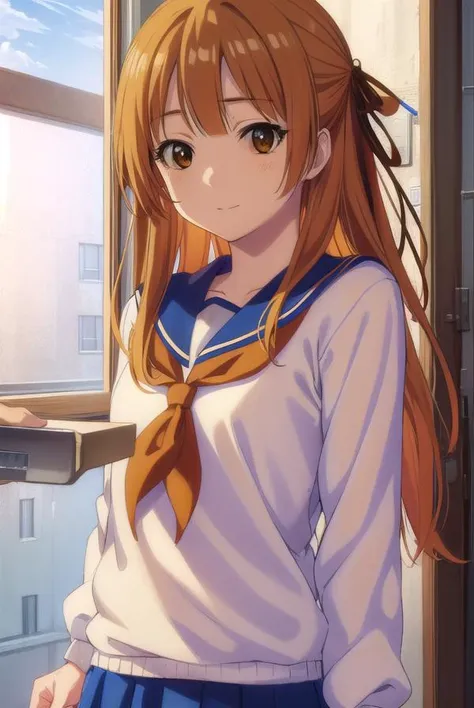 akemisumizome, <lora:akemi sumizome s1-lora-nochekaiser:1>,
akemi sumizome, long hair, orange hair, (brown eyes:1.7), ribbon, hair ribbon, bangs, blunt bangs, hime cut, smile,
BREAK skirt, school uniform, serafuku, blue sailor collar, shirt, white shirt, long sleeves, blue skirt, neckerchief, red neckerchief,
BREAK indoors, classroom,
BREAK looking at viewer, (cowboy shot:1.5),
BREAK <lyco:GoodHands-beta2:1>, (masterpiece:1.2), best quality, high resolution, unity 8k wallpaper, (illustration:0.8), (beautiful detailed eyes:1.6), extremely detailed face, perfect lighting, extremely detailed CG, (perfect hands, perfect anatomy),