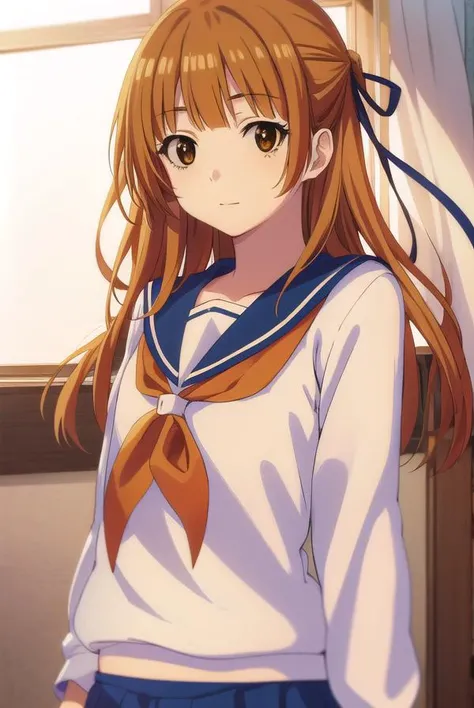 akemisumizome, <lora:akemi sumizome s1-lora-nochekaiser:1>,
akemi sumizome, long hair, orange hair, (brown eyes:1.7), ribbon, hair ribbon, bangs, blunt bangs, hime cut, smile,
BREAK skirt, school uniform, serafuku, blue sailor collar, shirt, white shirt, long sleeves, blue skirt, neckerchief, red neckerchief,
BREAK indoors, classroom,
BREAK looking at viewer, (cowboy shot:1.5),
BREAK <lyco:GoodHands-beta2:1>, (masterpiece:1.2), best quality, high resolution, unity 8k wallpaper, (illustration:0.8), (beautiful detailed eyes:1.6), extremely detailed face, perfect lighting, extremely detailed CG, (perfect hands, perfect anatomy),