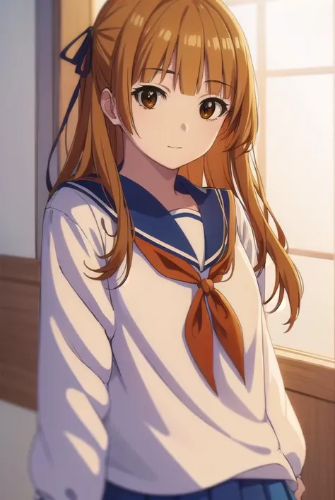 akemisumizome, <lora:akemi sumizome s1-lora-nochekaiser:1>,
akemi sumizome, long hair, orange hair, (brown eyes:1.7), ribbon, hair ribbon, bangs, blunt bangs, hime cut, smile,
BREAK skirt, school uniform, serafuku, blue sailor collar, shirt, white shirt, long sleeves, blue skirt, neckerchief, red neckerchief,
BREAK indoors, classroom,
BREAK looking at viewer, (cowboy shot:1.5),
BREAK <lyco:GoodHands-beta2:1>, (masterpiece:1.2), best quality, high resolution, unity 8k wallpaper, (illustration:0.8), (beautiful detailed eyes:1.6), extremely detailed face, perfect lighting, extremely detailed CG, (perfect hands, perfect anatomy),