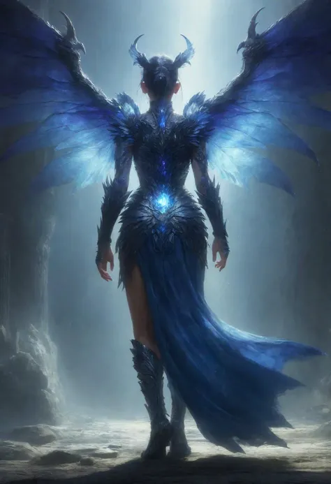 awesome quality, dynamic,DonMDr4g0nXL woman from behind,wings attached to back,skirt, (draconid:0.25) sapphire lithic holy  <lora:myLora\DonMDr4g0nXL-v1.1rb:1>