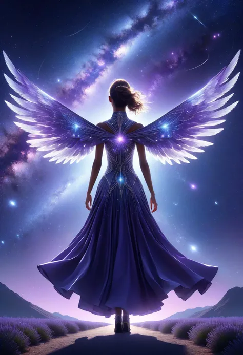 awesome quality, dynamic,DonMDr4g0nXL woman from behind,wings attached to back,skirt, (draconid:0.25) lavender shadowy radiant, celestial latitude, astral, zenithal hour angle, meteor shower <lora:myLora\DonMDr4g0nXL-v2rb:1>,