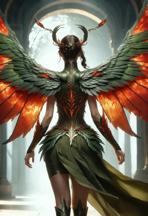 awesome quality, dynamic,DonMDr4g0nXL woman from behind,wings attached to back,skirt, (draconid:0.25) olive ethereal magma <lora:myLora\DonMDr4g0nXL-v1.1rb:1>