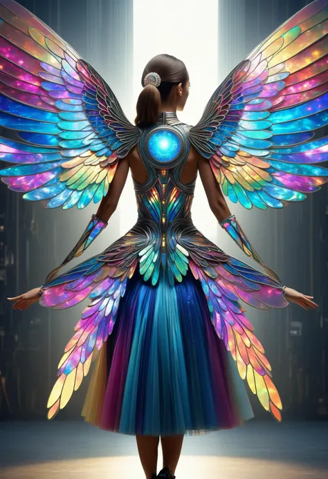 awesome quality, dynamic,DonMDr4g0nXL woman from behind,wings attached to back,skirt, (draconid:0.25) opal multi-color pneumatic illusion, light-speed travel disk read error occurred <lora:myLora\DonMDr4g0nXL-v2rb:1>,
