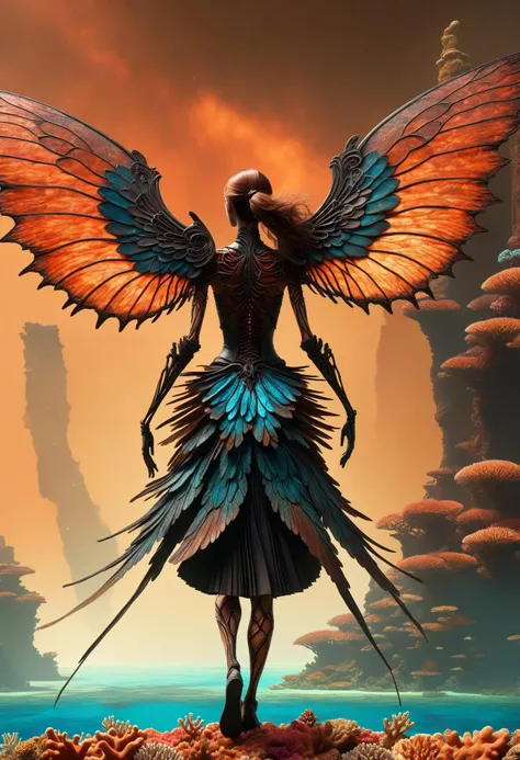 awesome quality, dynamic,DonMDr4g0nXL woman from behind,wings attached to back,skirt, (draconid:0.25) burnt umber earthen necrotic, reef in coral reef biome <lora:myLora\DonMDr4g0nXL-v2rb:1>,