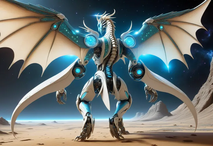 awesome quality, dynamic,DonMDr4g0nXL dragon from behind,wings attached to back, skyblue elven sand, space colonization of sentient robot- robots with expressive visual displays, glowing eyes, and sleek, polished exteriors , teleporter operator   <lora:myLora\DonMDr4g0nXL-v2rb:1>,