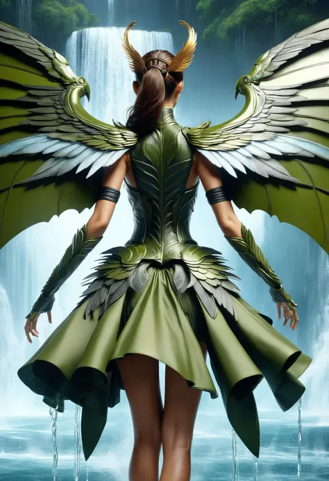 awesome quality, dynamic,DonMDr4g0nXL woman from behind,wings attached to back,skirt, (draconid:0.25) green hydro illusion <lora:myLora\DonMDr4g0nXL-v1.1rb:1>