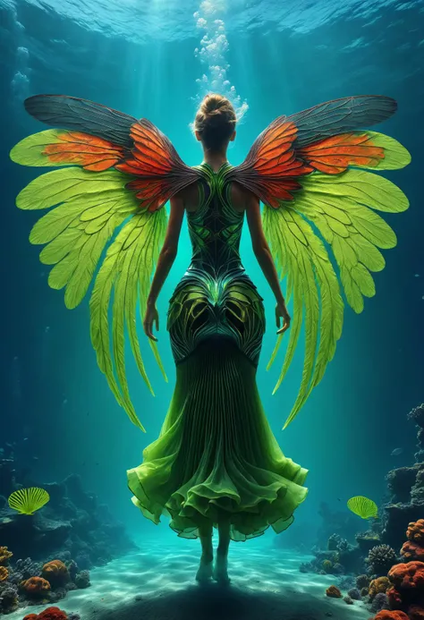 awesome quality, dynamic,DonMDr4g0nXL woman from behind,wings attached to back,skirt, (draconid:0.25) lime green underwater magma, Respiratory System <lora:myLora\DonMDr4g0nXL-v2rb:1>,