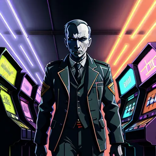 Bandera <lora:Bandera:0.6> in a cyberpunk costume anime style environmental wise shot of a chaotic arcade at night, colors, neon lights. line art. environmental arcade art.
